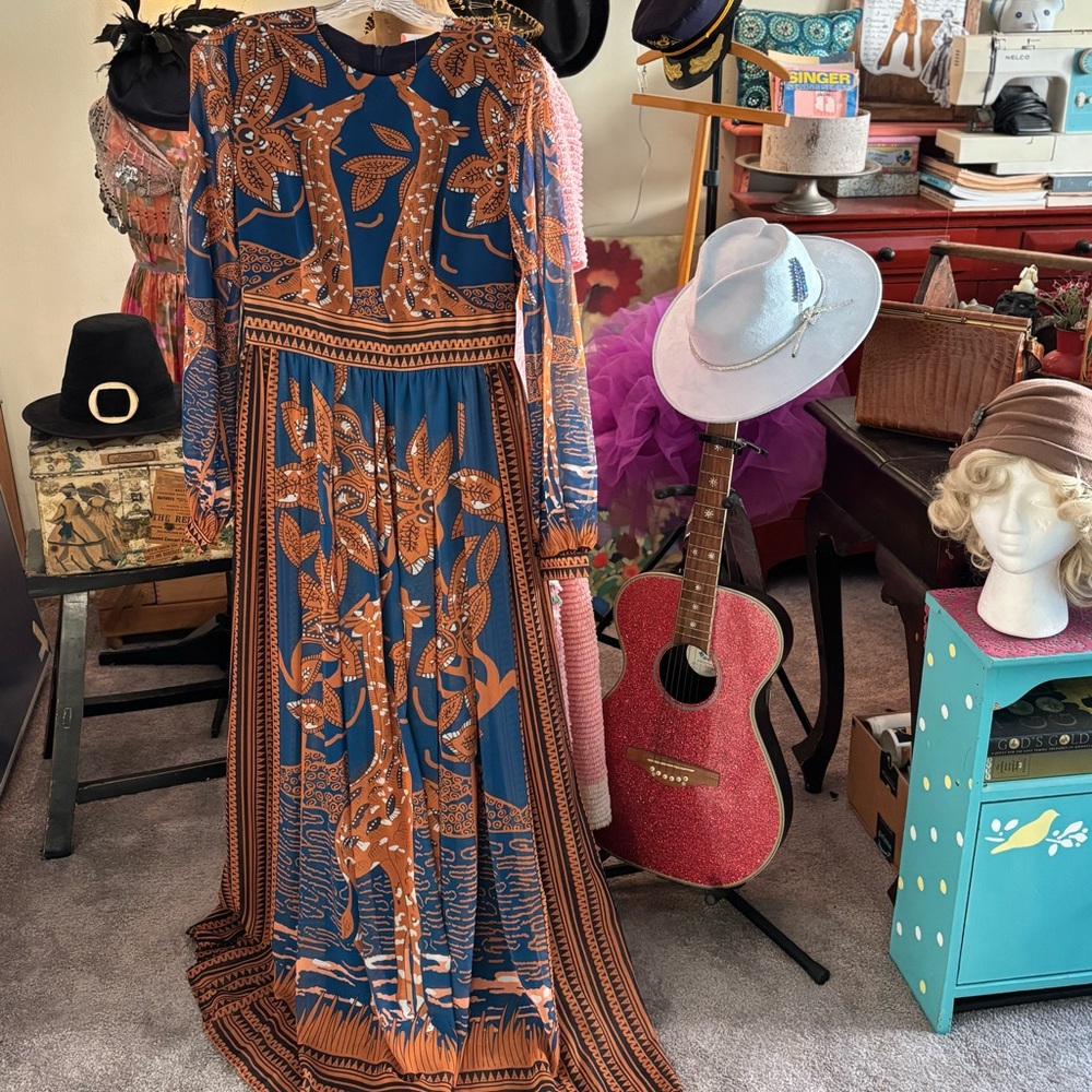 FLORYDAY Blue & Copper-Colored Long-Sleeve Boho Maxi Dress (w/Giraffes!)